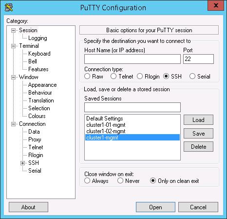 6. In the PuTTY Configuration dialog box, verify that the cluster1-mgmt saved session is listed, and double-click cluster1-mgmt. 7.