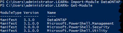 TASK 3: EXPLORING THE NETAPP POWERSHELL TOOLKIT In this task, you load the Data ONTAP module in the NetApp PowerShell Toolkit and explore basic NetApp PowerShell Toolkit commands to get information