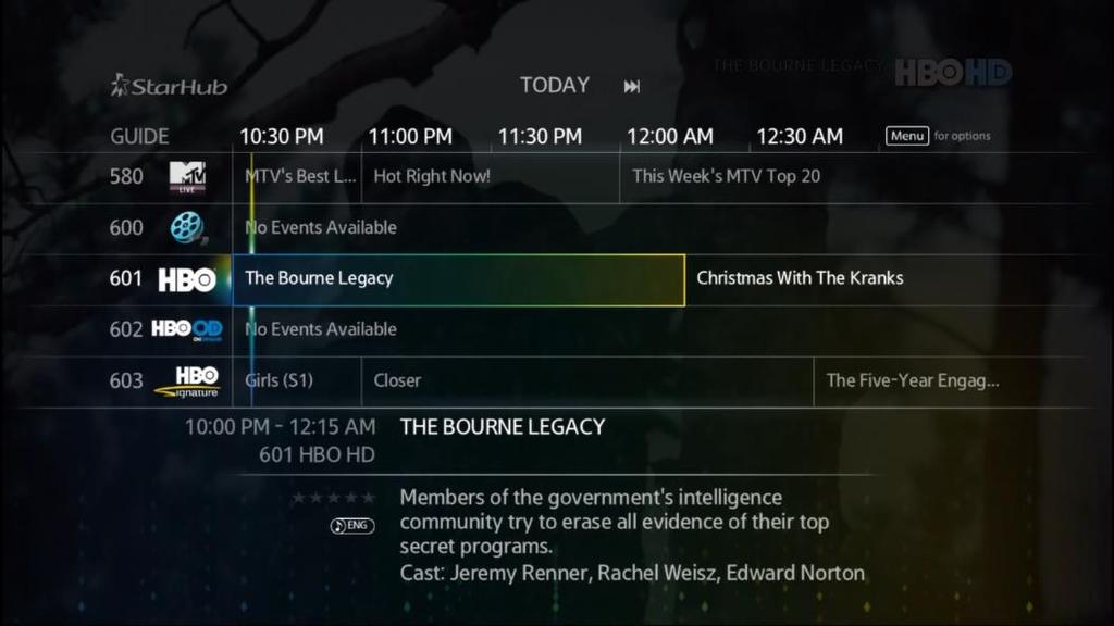 ON-SCREEN TV GUIDE The On-Screen TV Guide gives you access to comprehensive information on current and upcoming