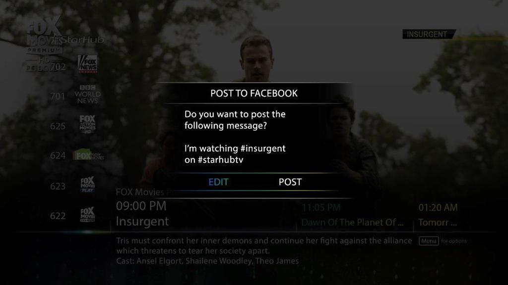 FACEBOOK INTEGRATION Once you have linked your Facebook Account to the User Account on the set-top box, the Facebook Integration allows you to post about programmes you are watching (or would like to