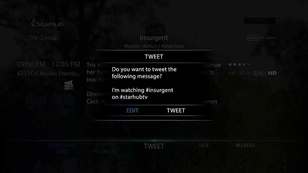 TWITTER INTEGRATION - TWEETS Once you have linked your Twitter Account to the User Account on the set-top box, the Twitter Integration allows you to tweet about programmes you are watching (or would