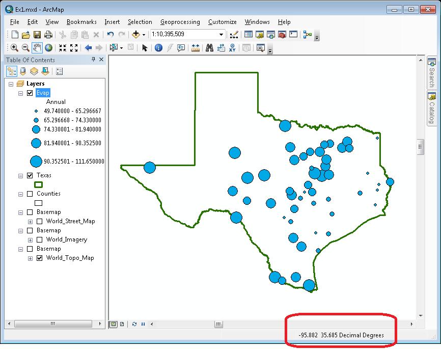 Note that if you look at the bottom right of ArcMap in Data View you see coordinates in Decimal Degrees.