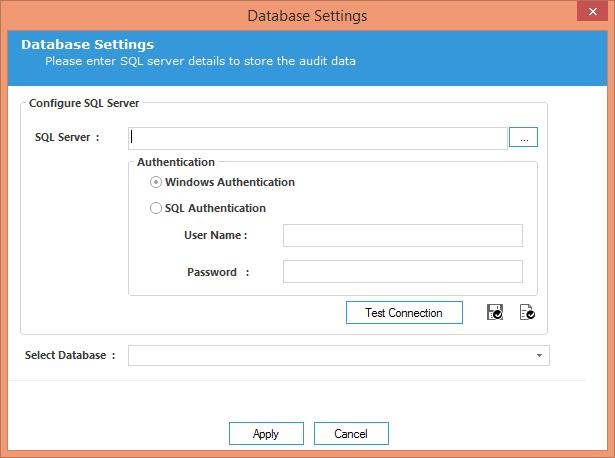 Figure 133: Database Settings NOTE: You can click icon to show the SQL Server Settings from "Default SQL Server Settings". 2. The solution lets you connect to a local or networked SQL Server.