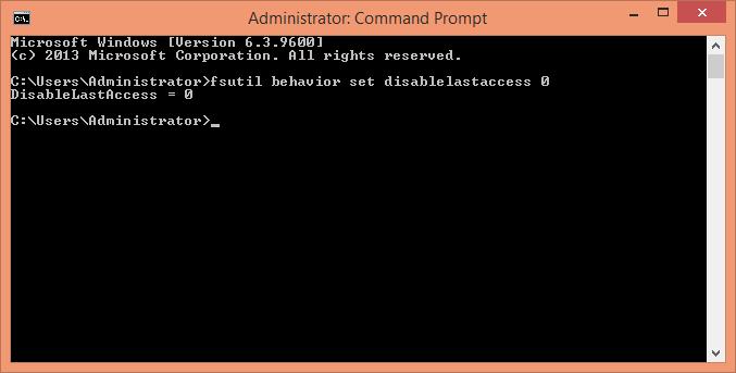 fsutil behavior set disablelastaccess 0 Figure 137: Executed the command to update last access time Here, value '0' is