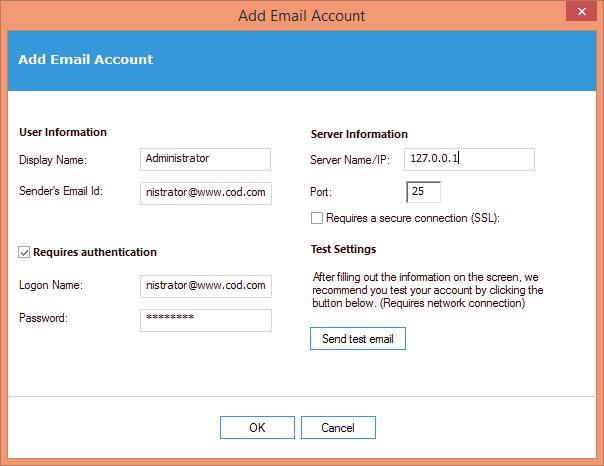 Figure 155: Add Email Account Enter the following details: 1. Display Name: Provide a name that will be used as the profile name. 2.
