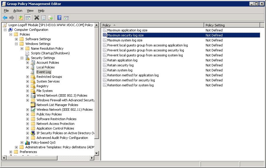 Figure 3: Group Policy Management Editor B. Double-click Maximum security log size policy in the right side to access its properties.
