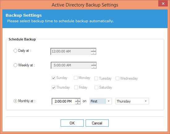 Figure 28: Monthly Schedule to capture backup of state of objects If "Monthly at" option is selected, you can specify the time and day options. Click "OK" to apply the settings. 9.