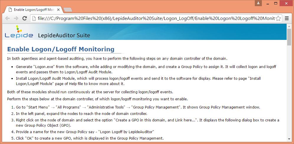 Figure 42: Steps to configure the logon/logoff monitoring Refer to the enable logon/logoff monitoring guide to know the steps that have to be performed on a domain controller. 5.1.2.3 Archive Database Settings Here, you can configure and schedule the automatic archiving of auditing logs stored in the main database.