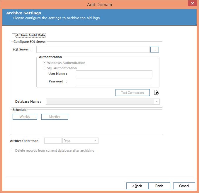 Figure 43: Archive Database Settings To perform Archive Database Settings, follow the steps mentioned below: 1. Select the Archive Audit Data checkbox.