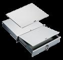 rack-angle mounting mounts to the front surface of the rack angles. Integral steel box contains the drawer and protects surrounding internal equipment. Extends 13 in.