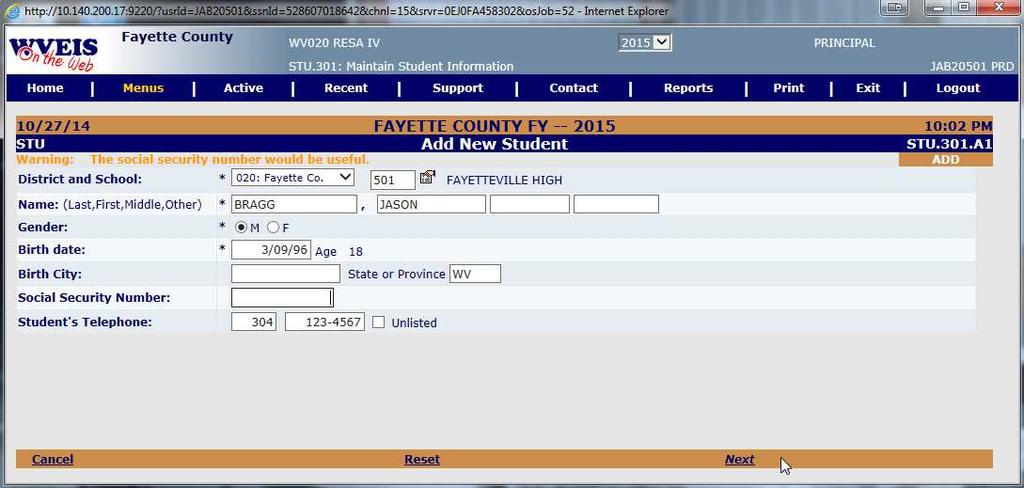 If you did not enter a Social Security Number then after you clicked Next to continue the system will give you an Orange