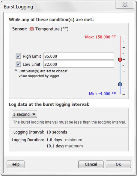 again and record data every 10 seconds. Once the temperature rises back to 32 F, the logger will then return to normal mode, logging every 5 minutes. To set up burst logging: 1.