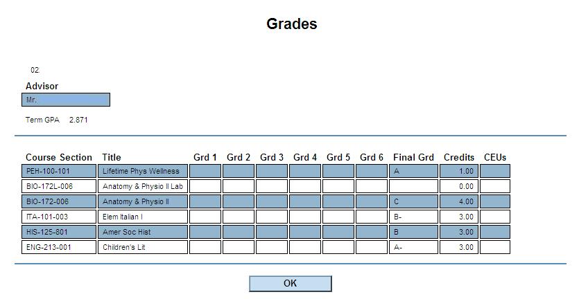 Grade Point Average by Term will display sections taken for that term with