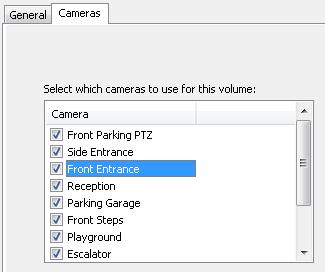 4. Click the Cameras tab. Put a checkmark next to the cameras that you would like to record to this volume.