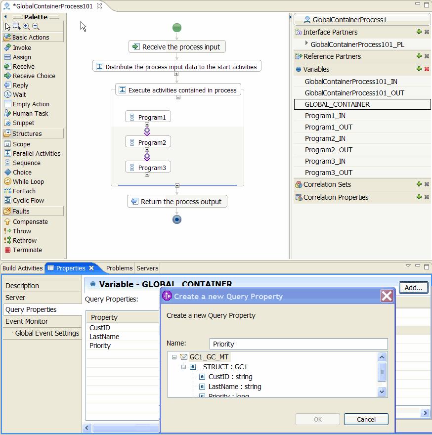 Figure 12-26 shows an overview of query property modeling and definition aspects in WebSphere Process Server.