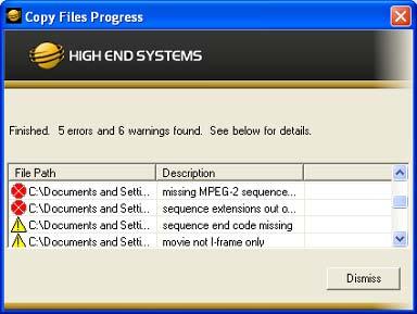 If warnings or errors are found, the CMA compiles the list of issues in the bottom half of the Copy Files Progress dialog.