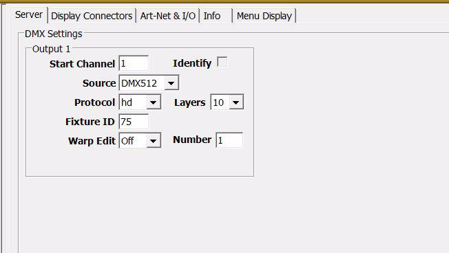 AxonHD Media Server Configuration Options CHAPTER 13 Axon configuration options are grouped under a Server, Display Connectors, Art-Net & I/O, Info, and Menu Display tabs.