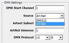2. Select a DMX Source type by clicking on the down arrow of the Source field to select DMX512 or Art-Net.