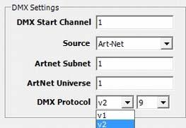 Select a DMX Protocol type by choosing V1, or V2 from the drop down list in the option field.