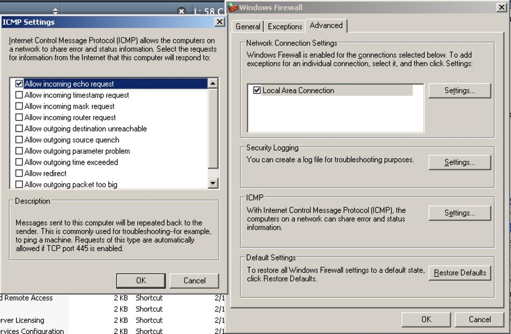 Figure 4: Click Settings and check Allow incoming echo request. In the advanced tab, click Settings within the ICMP settings.