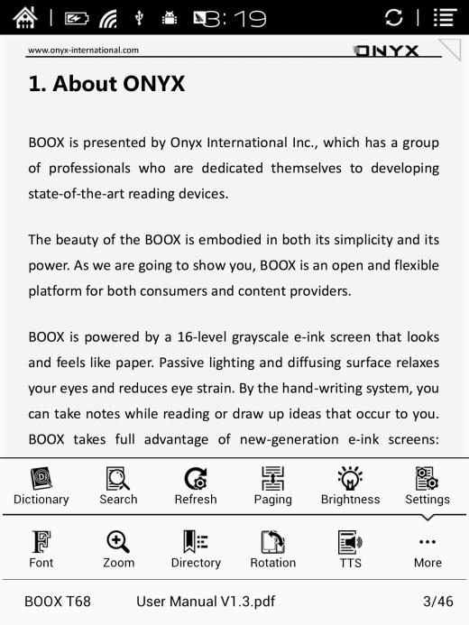 Copyright 2014 Onyx International. All rights reserved. 18 / 56 5.3 Reading Interface Select any book to go to reading page, which only displays book content, page number, prev./next.