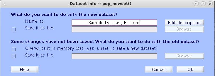 You will be prompted with the following window: In this window, by default, if you hit OK, it will put the filtered data into a new dataset in EEGLAB.