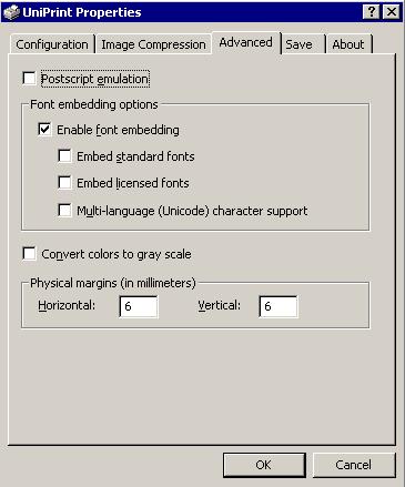 Chapter 4: Using UniPrint 29 Advanced Tab Postscript emulation Font embedding options When this option is enabled, the UniPrint driver will recognize a PostScript interpreter that is not from Adobe