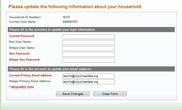 Enter current password (your home phone #), change your user name and password (complete all of the boxes). Confirm the current email on file. Save Changes.