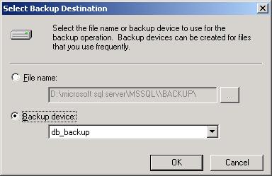 Add the new backup device that was have created to be the destination for the database backup.