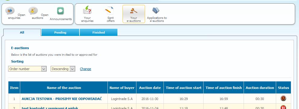 4. Step 4 - List of auctions If the Organizer has admitted the user to the auction, they will find it in the "Your e-auctions" tab.