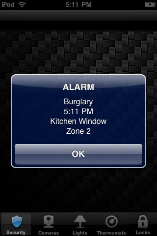 Security Tap OK to acknowledge the dialog. At this point, the alarm is still active, and the "Alarm" system icon is displayed.