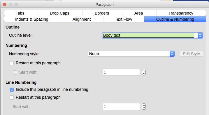Figure 10: Options for text flow: hyphenation, breaks, and keeping text together Outline & Numbering The Outline & Numbering page on the Paragraph dialog provides options for choosing the outline