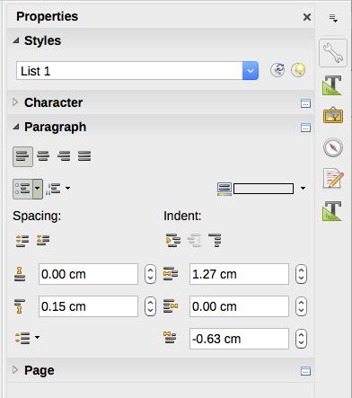 On the Formatting toolbar, the buttons and formats include: Apply Paragraph Style (Styles drop-down on the Properties deck of the Sidebar) Bullets On/Off (with a palette of bullet styles) see page 19