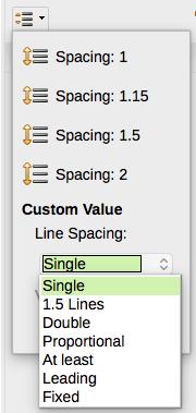 Here you can choose among standard spacings or define a custom value: Proportional (for example, 110%), At least (the amount specified in the Value box), Leading, or Fixed.