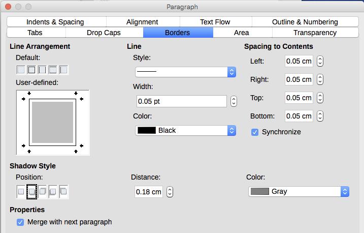 On this dialog you can also choose to apply a shadow to a paragraph; distance refers to the width of the shadow.
