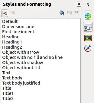 Figure 11: Sidebar Styles and Formatting subsection Figure 12: Image Styles dialog Creating styles 1) Go to Format > Styles and Formatting on the main menu bar or press the F11 key to open the Styles