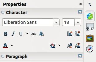 Figure 14: Sidebar Character subsection 1) Click on the Text icon, then select the characters you want to format. See Selecting text on page 12 for information on how to select text.