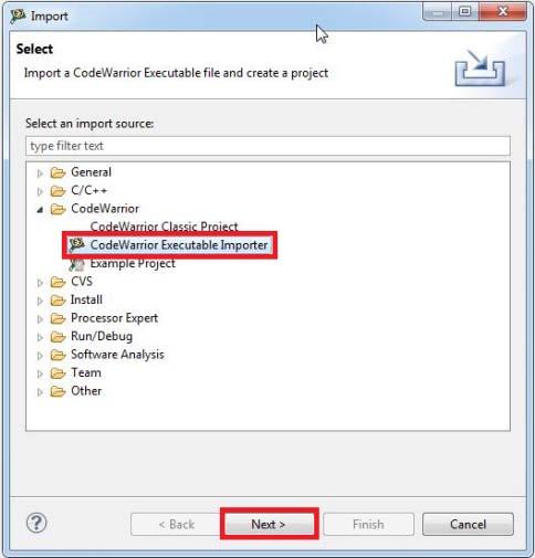Configuring a CodeWarrior project Figure 2. Import executable file dialog 4. Specify Project name and Location, or use the default location and select Next. Figure 3. Import executable file dialog 5.