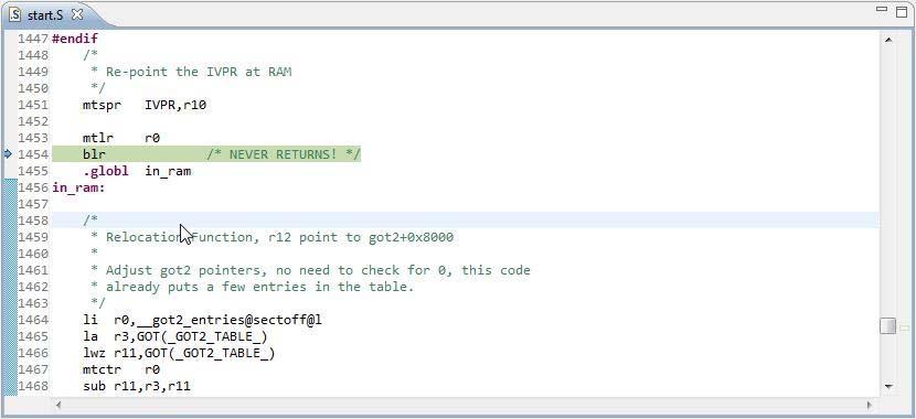 Debugging U-Boot from SPI/SD/MMC for e500mc c) Run to Line: relocate_code and do Step Into. Figure 97. File editor d) In file start.