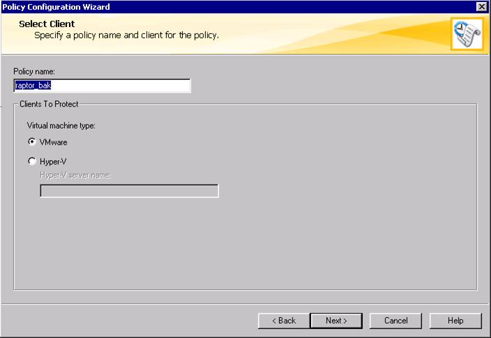 6 In the Select Client window, verify that the Policy
