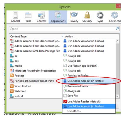 Applications, ensure that where Content Type = Portable Document Format (PDF), that the associated Action is Use Adobe Acrobat (in Firefox) (as at the right) Safari Mac