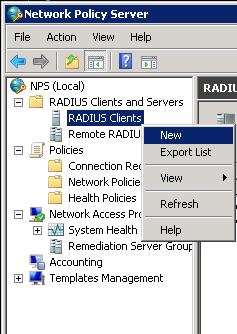 ) 7. From the NPS web console, expand RADIUS Clients and Servers, right-click RADIUS Clients and then click
