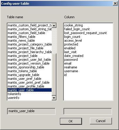 Figure 18 Select User Table Select a column corresponding to the user name