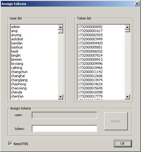 Figure 44 Assign Tokens Users without assigned tokens are listed in the User list on the left panel, on the right panel