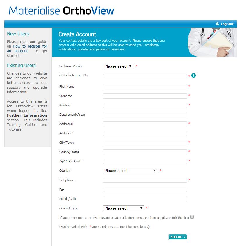 2. Fill in the details on the Create Account page. The first field on Page 2 is Software Version. Select from the drop down box the version number of OrthoView that you have installed. 3.