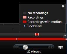 16: Time span slider 17: Toggle between simple and advanced timeline The timeline The timeline displays an overview of periods with recordings from all cameras displayed in your current view.