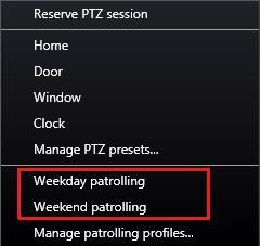 3. Below the Manage PTZ presets entry, you find the list of patrolling profiles configured for this camera. Example of a PTZ menu 4. Select the patrolling profile you want to start.