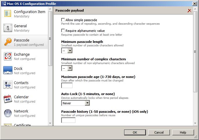 The right pane contains the preferences for a selected payload that can be configured.