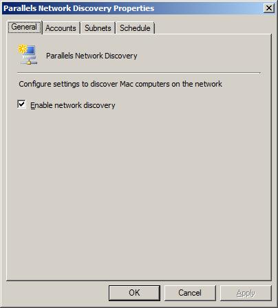 Technical Reference Parallels Discovery Properties: General Tab Use the General tab of the Parallels Discovery Properties dialog to enable or disable network discovery.