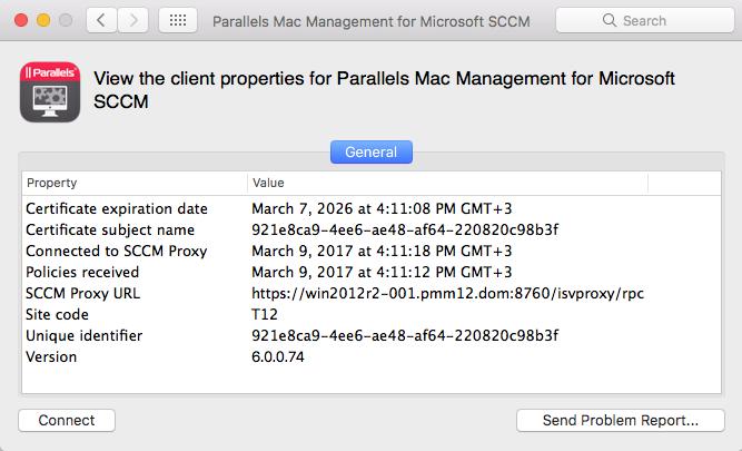 In the dialog that opens, view the Parallels Mac Client properties. If you see properties and values similar to what is shown in the picture below, the enrollment was successful.